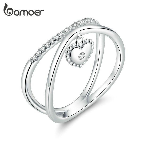 

bamoer genuine 925 sterling silver jewelry french loved heart double overlap ring anniversary wedding jewelry for women gxr613, Golden;silver