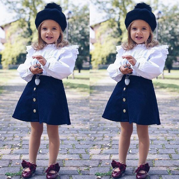 

2pcs kids baby girls clothes set spring autumn long sleeve white ruffle t-shirt+navy blue skirt outfit set children casual