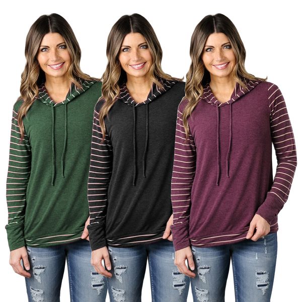 

european and american women's clothing sweater sports fashion hooded striped long sleeves pullover, Black