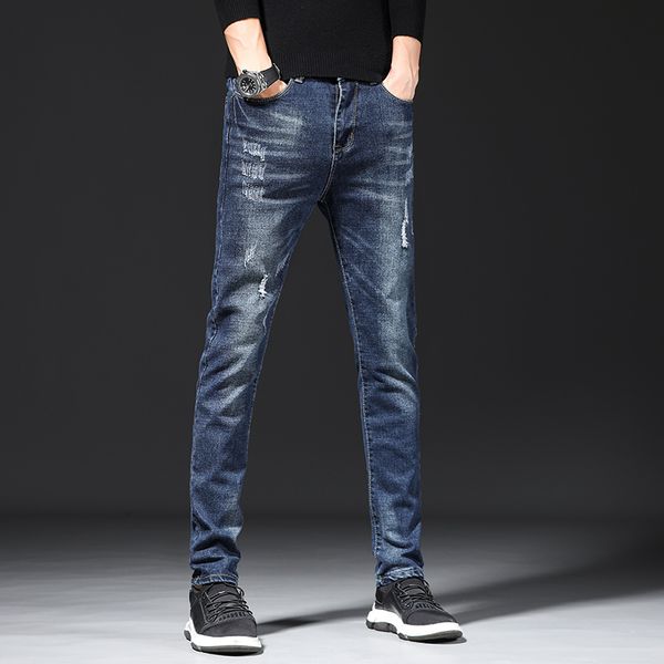 

2019 brand trousers jeans men straight slim elastic soft cotton ripped distressed plus size 28-36 homme denim pants male jeans, Blue