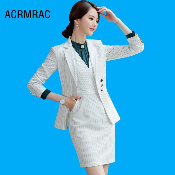 

women suits slim long sleeve stripe jacket dress 2-piece set formal women dresses suits woman set 871, White;black