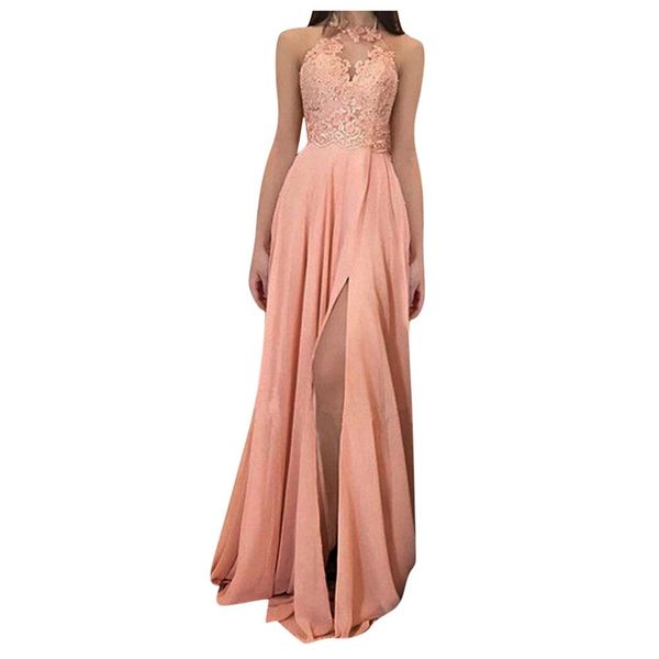 

women long dress women elegant sleeveless lace patchwork halter party dress ladies casual backless split dresses vestidos, Black;gray