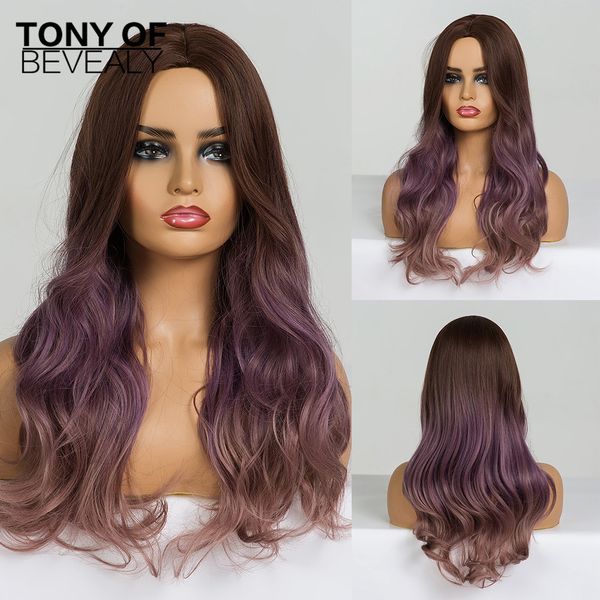 Long Wavy Synthetic Wigs Middle Part Black To Ombre Hair For Black