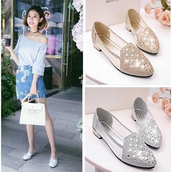 

breathable flat mesh shoes chunky heel rhinestone side scoop bootie shallow mouth pointed porous shoes women, Black;red