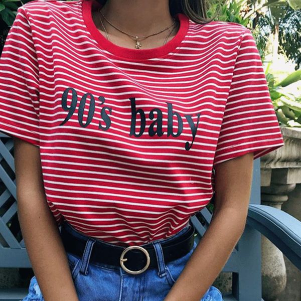

women clothes t shirt vintage stripped new fashion clothes for women summer letter 90s baby striped printed tshirt streetwear, White
