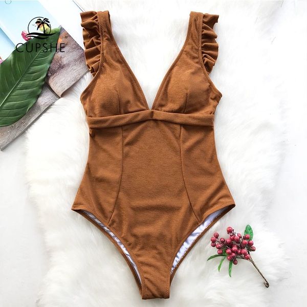 

cupshe caramel ruffles one-piece swimsuit women deep v-neck soild bodysuits swimwear 2019 girl beach monokinis swimsuits