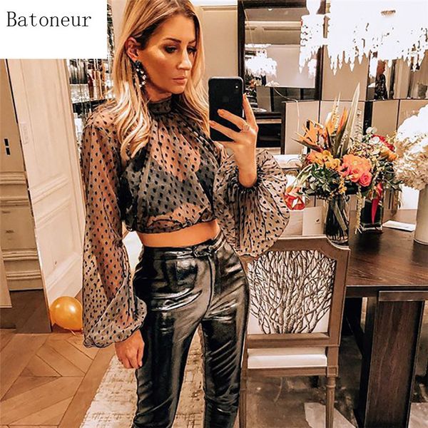 

perspective t shirt women mesh wave point cropped turtleneck lantern sleeve t-shirt see through shirts female, White