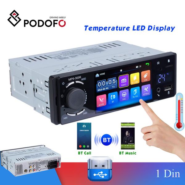 

podofo 1 din car radio bluetooth car player 4" touch screen stereo audio video mp5 usb tf temperature display handsin-dash