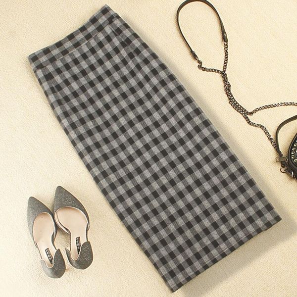 

autumn winter plaid woolen skirt women high waist package hip step split pencil skirt plus size 2xl, Black