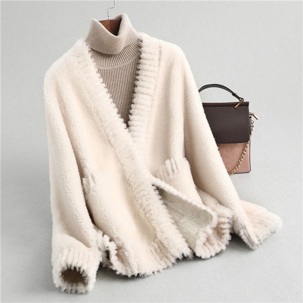 

a59341 winter women genuine wool fur coat v collar sheep shearing coat lady warm fur coats jacket over size parka, Black