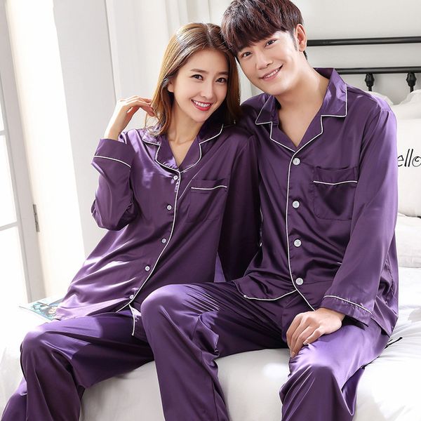 

silk satin couples pajamas set for women men long sleeve sleepwear pyjamas suit home clothing his-and-hers clothes pijamas, Black;brown