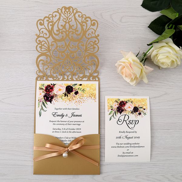 

100pcs gold new arrival horizontal laser cut wedding invitations with rsvp card,pearl ribbon,customizable