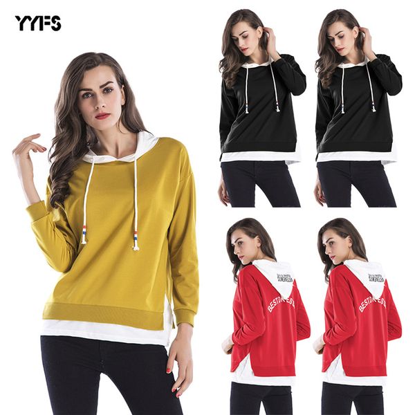 

2020 большой размер женщин color matching поддельный двухсекционный drawstring с капюшоном свитер весна новые top женщин горячее, Black
