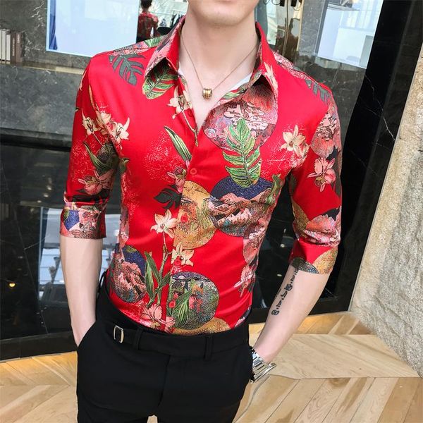 

half sleeve shirt for men social shirt male floral blouse men casual dress summer hawaiian style red, White;black