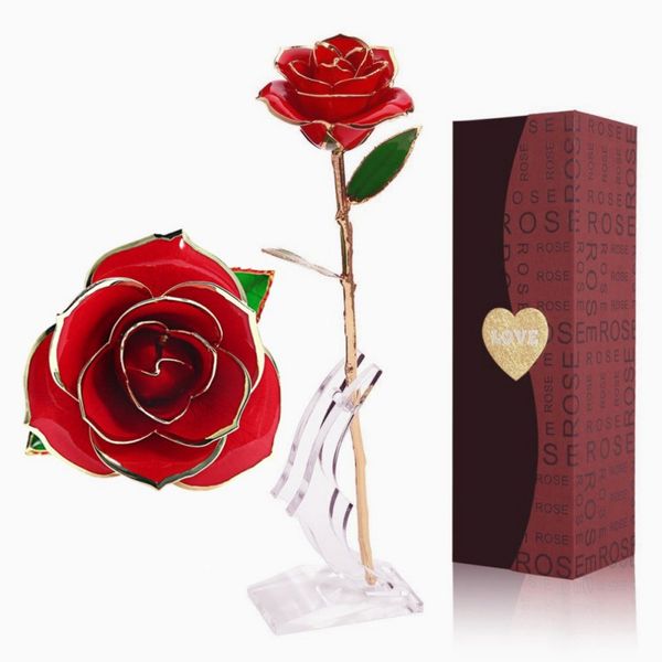 

love forever long stem 24k gold foil trim rose flower with bracket for valentine's day & mother's day & anniversary birthday