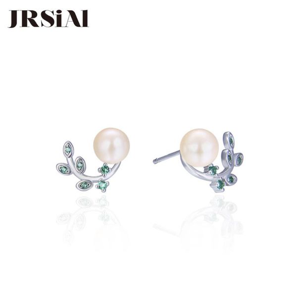 

jrsial 925 sterling silver jewelry freshwater pearl earring korean fashion woman zircon earrings bead leaf earrings, Golden;silver
