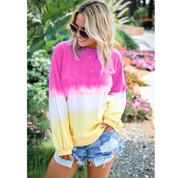 

women rainbow shadow hoodies gradient color long sleeve crew neck pullover sweatshirt tie dye fleece plus size autumn tee b82201, White