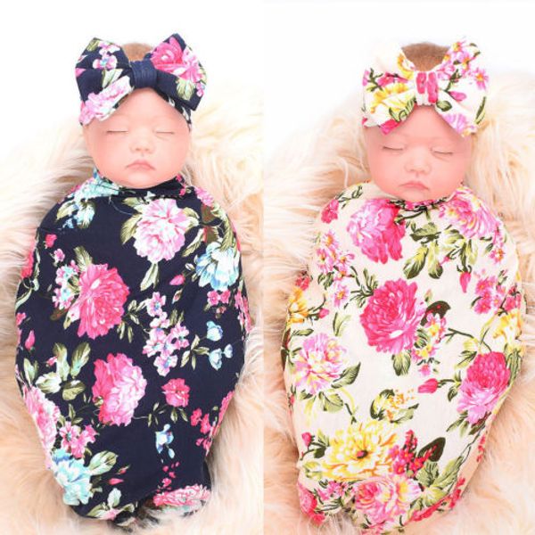 

infant newborn baby girls flower cute swaddle blanket sleeping swaddle muslin wrap hat 2pcs 80cm