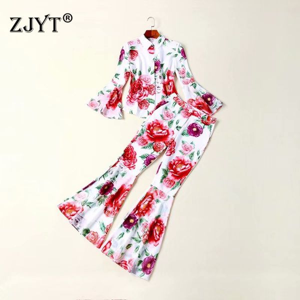 

high fashion runway suit two piece outfits women elegant designer flare sleeve floral print and pants matching set clothes, White