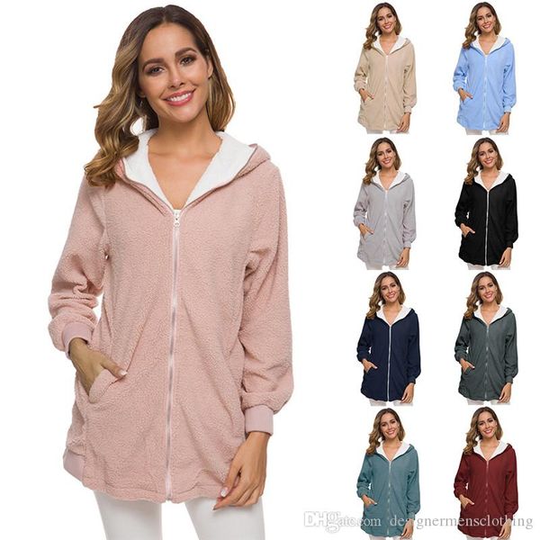 

winter wool women coats solid color long sleeve hooded cardigan ladies outerwear casual womens loose clothing, Black