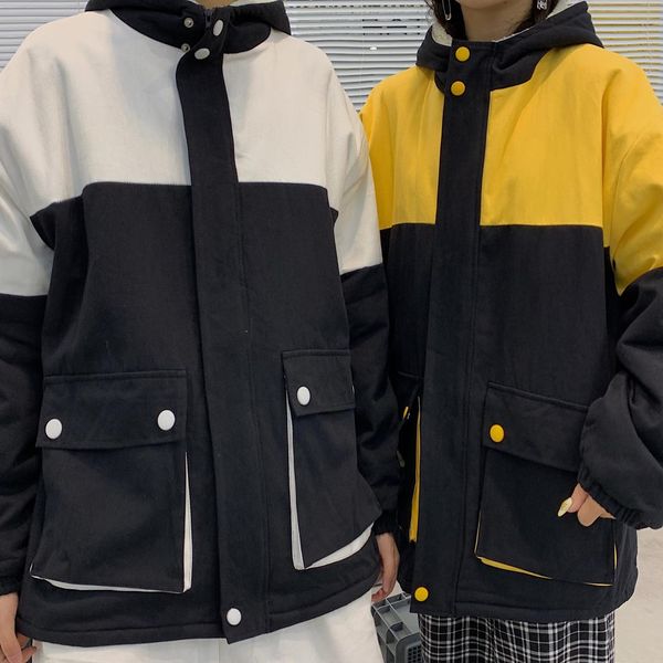 

neploe harajuku winter lambwool jacket contrast color pocket hooded zipper parkas 2019 korean thickin women men outerwear 55602, Black