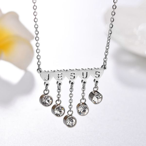 

d&z stainless steel christ jesus letter necklaces exquisite crystal tassel pendant necklace for girl choker, Silver