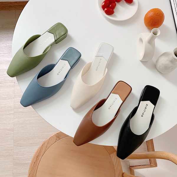 

fashion pointed toe mules women summer slippers candy color flats slip-on holiday ladies sandals slides pu women shoes, Black