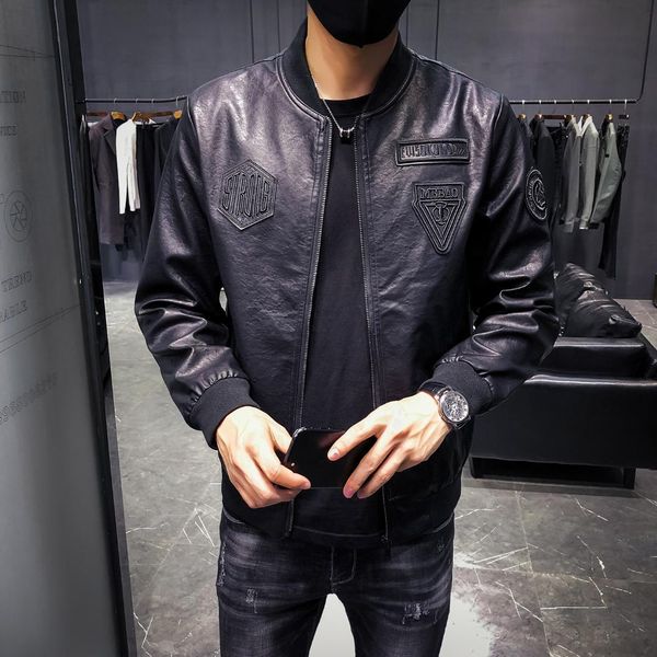 

men leather suede jacket fashion autumn motorcycle pu leather male autumn winter bomber jackets outerwear faux coat, Black