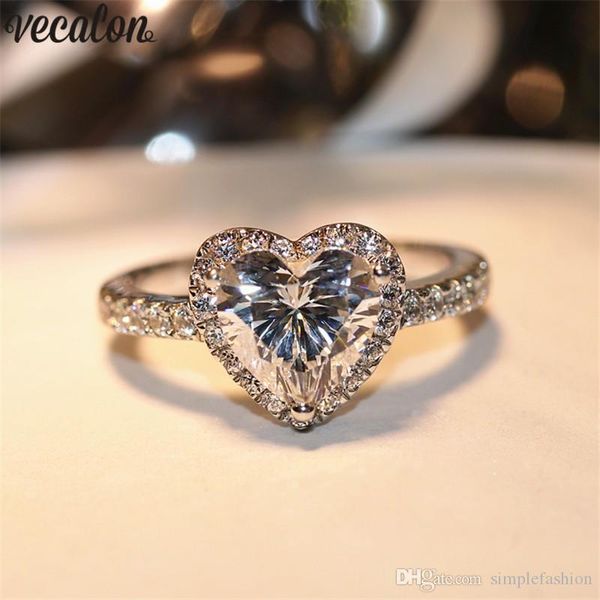 

vecalon heart shape 925 sterling silver ring 1ct sona 5a zircon cz promise engagement wedding band rings for women bijoux, Slivery;golden