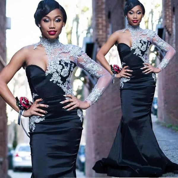 

design black one shoulder africa prom dresses high collar with lace appliques beading special occasion dress satin sweep train evening dress, Black;red