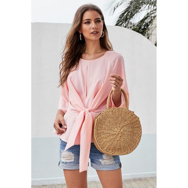 

autumn new style shirt women's solid color versatile crew neck three-quarter-length sleeve waist belt back hollow out 25241, White
