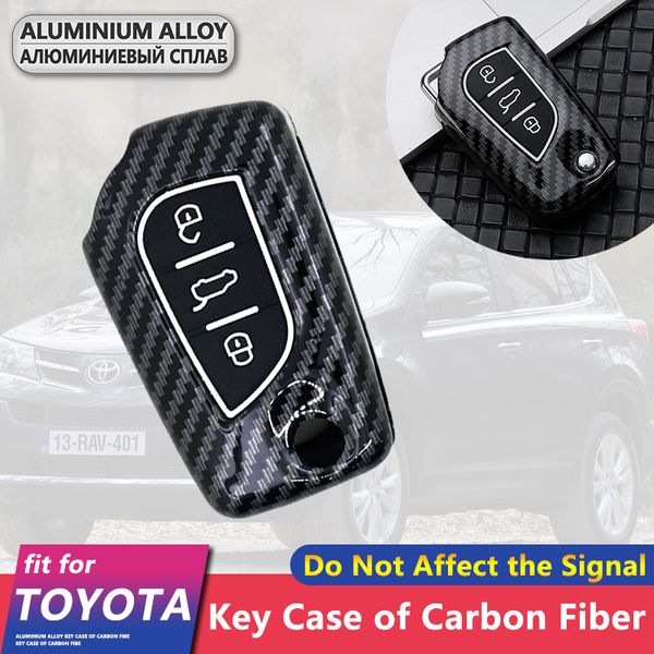 

metal carbon fiber car key cover case shell foldable 3 buttons for rav4 auris verso vios vitz keychain ring accessories