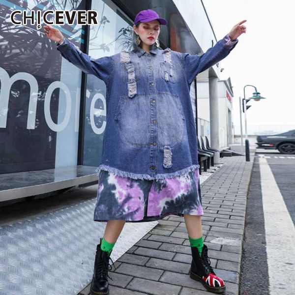 

chicever лоскутная кисточкой джинсовой хит цвет пальто женщин отворот воротника с длинным рукавом негабаритные дряблая 2020 весенняя мода но, Tan;black