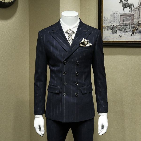

formal business man office work 3pcs dress suit groom striped slim fit double breasted wedding suits costume homme, White;black