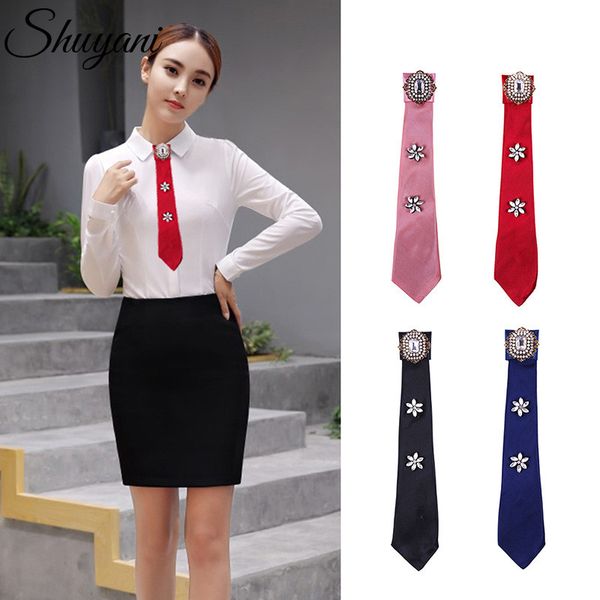 

1pcs fashion tie long necklace with bow tie buckle trend wild rhinestone cloth pearl for women, Black;blue