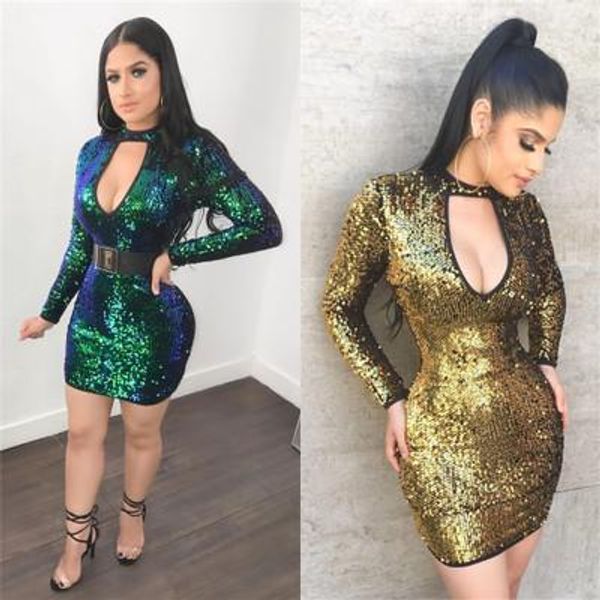 

2019 glitter sequined decorated women dress full sleeve o neck sheath dress front hollow out back zipper slim-fit low-cut dress, Black;gray