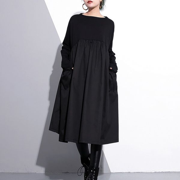 

Johnature Fashion Black 2019 Spring Women Dress O-Neck Long Sleeve Patchwork Loose A-Line Pockets Women Casual Dress