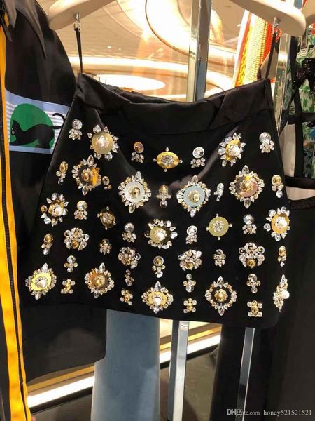

2019 new women's luxury high waist rhinestone beading gem crystal patchwork royal style a-line short skirt plus size s m l xl