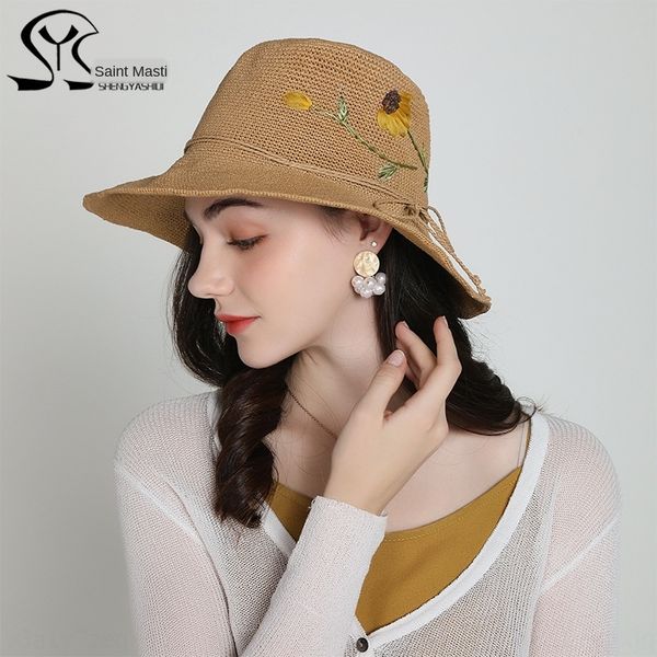 

summer embroidered silk fisherman basin straw versatile handmade small edge straw basin hat fisherman hat foldable, Blue;gray