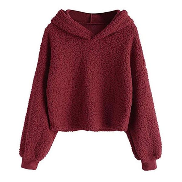 

women's hoodies & sweatshirts womens autumn long sleeve fuzzy plush crop solid color hooded sweatshirt f42f, Black