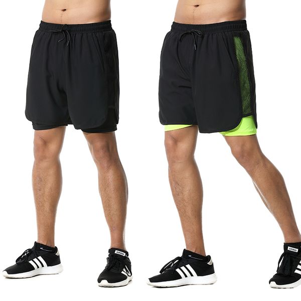 

men running shorts 2 in 1 double-deck quick dry gym sport shorts fitness jogging workout sports short pants, Black;blue