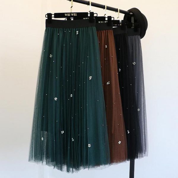 

2020 summer new style temperament self-cultivation of pearl gauze elastic high waist skirt tulle skirt ing, Black;gray