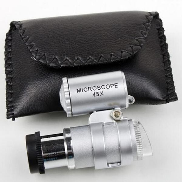 

microscope 45x jeweler magnifier jewelry loupes mini magnifiers pocket microscopes with led light + leather pouch magnifying glass mg10081