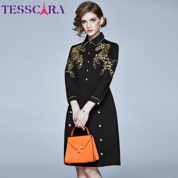

tesscara women autumn elegant embroridey pencil dress female designer office party robe vintage cocktail vestidos, Black;gray