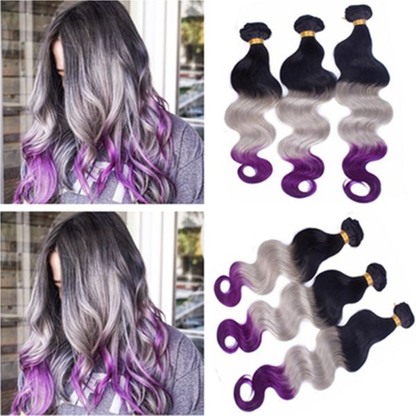 2020 Black Roots Grey And Purple Ombre Malaysian Human Hair Weaves