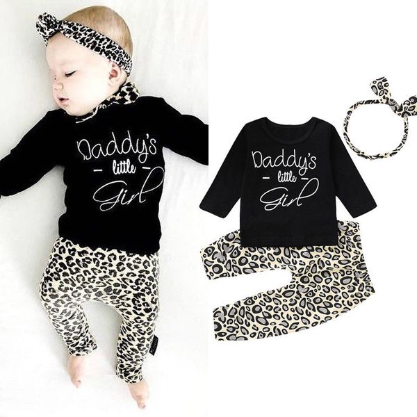 

newborn toddler kids baby girls boys autumn winter 3pcs letter pullover black +leopard print pants+headband, White