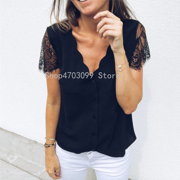

women v neck lace short sleeve shirt blouse women summer blouse, White