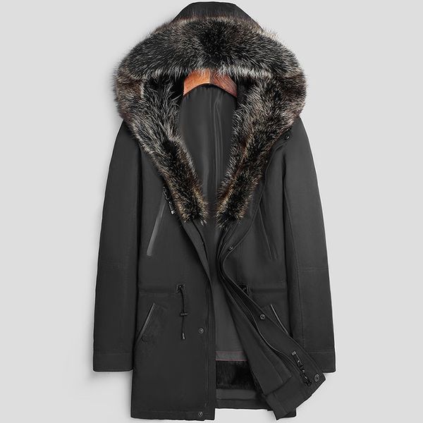 

real fur coat winter jacket men real fur liner parka men clothes 2019 raccoon collar warm long coats plus size my5061, Black