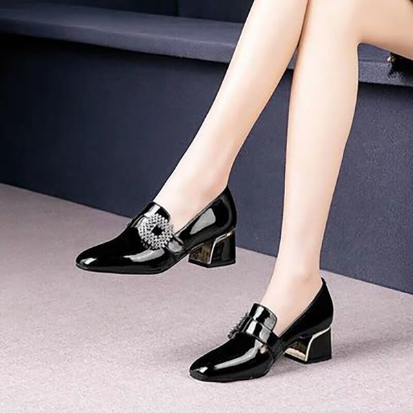 

women calssic square toe pumps women's slip on crystal woman office high heels female fashion footwear ladies shoes plus size, Black
