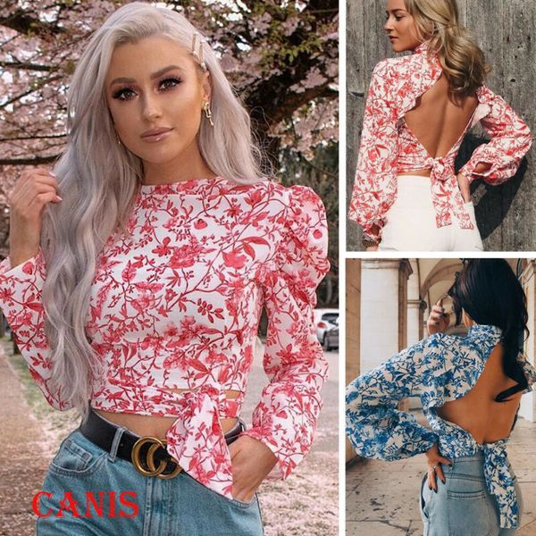 

fashion women backless tee casual t-shirts puff sleeve blouse slim club, Blue;gray